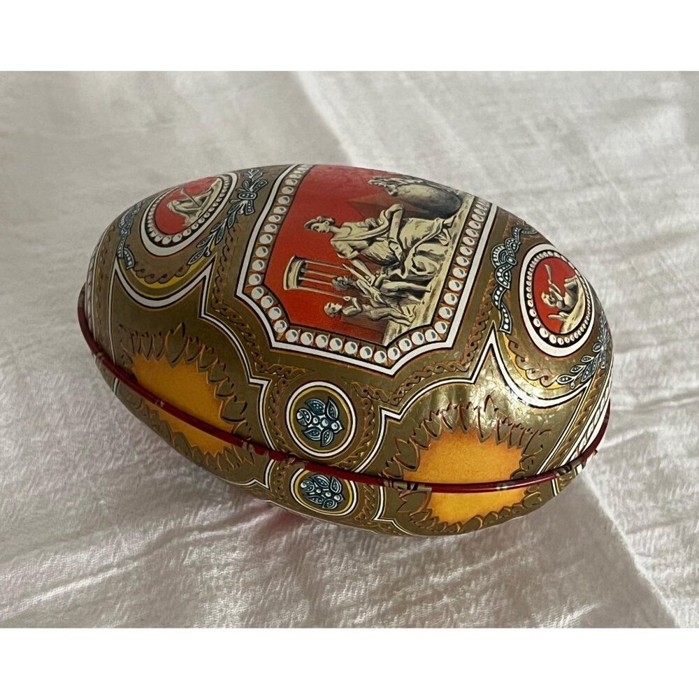 Vintage Decorative Tin Egg | European Easter Decor | Red and Gold Ornate Metal - Picture 2 of 6